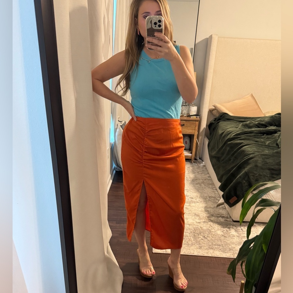 Elegant Burnt Orange Silky Midi Skirt High Slit - Picture 6 of 6